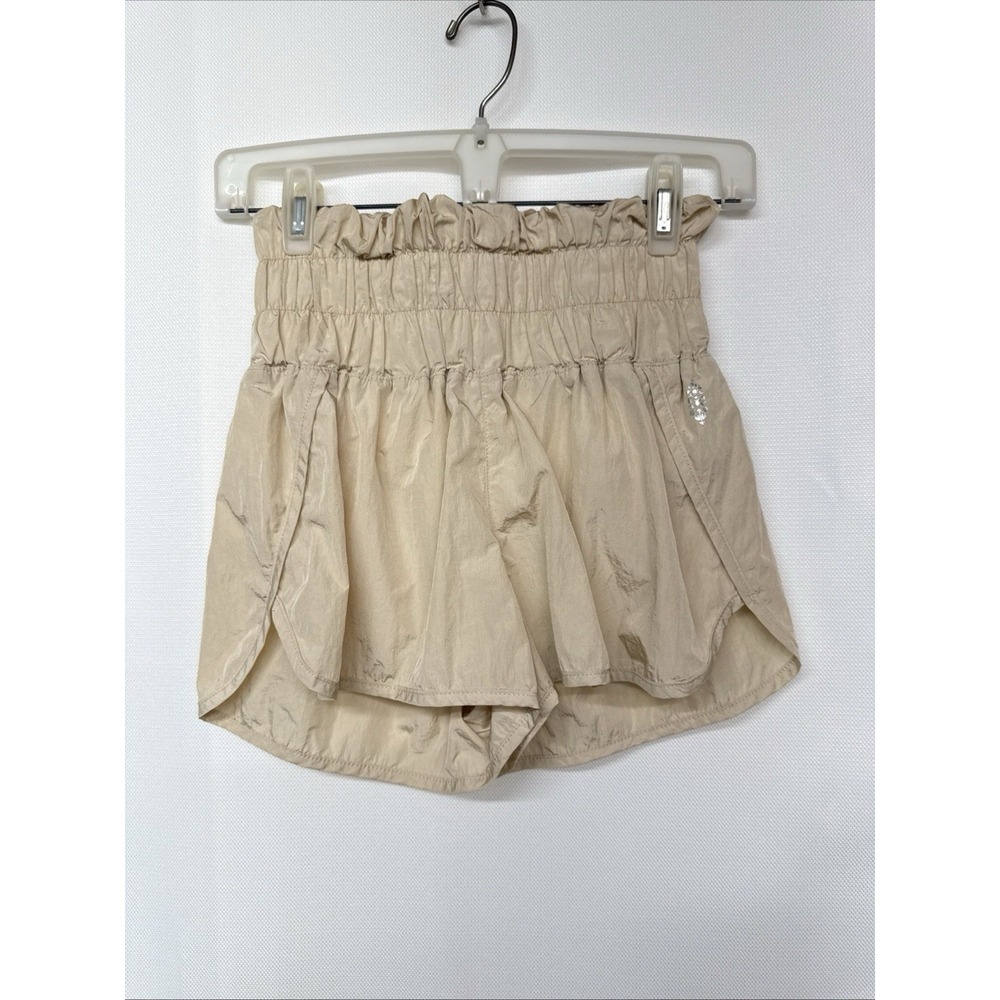 Free People The Way Home High Rise Smocked Activewear Windbreaker Shorts XS Tan